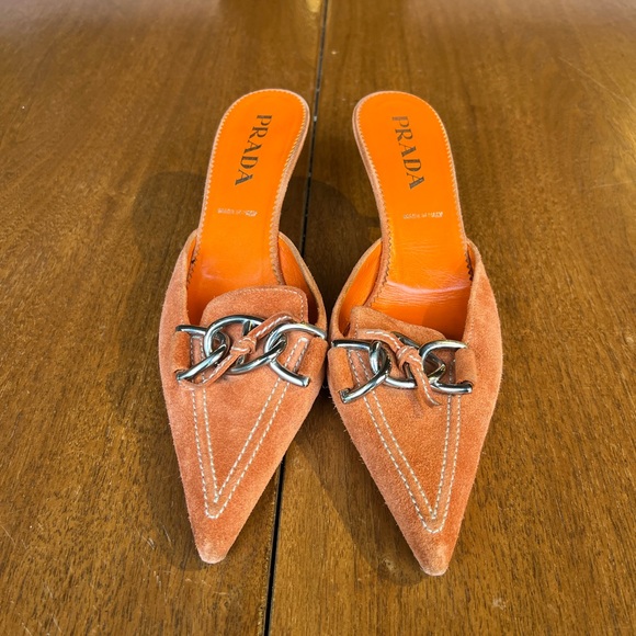 Prada Women's Early 2000’s Orange Mules with Silver Chain - Picture 1 of 4